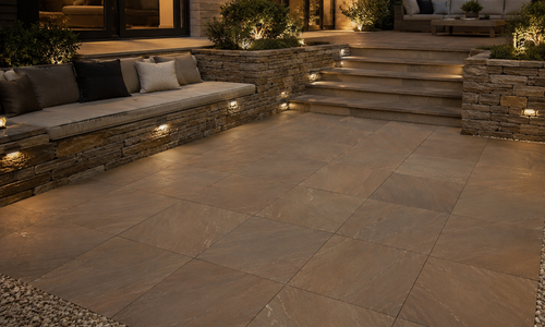 Outdoor patio area with stone seating and lighting autumn brown uk living